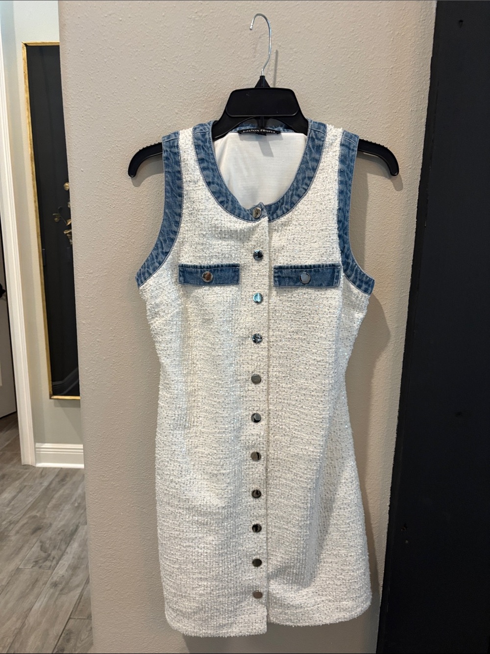Boston Proper White Tweed Shift Dress with Blue Denim Trim